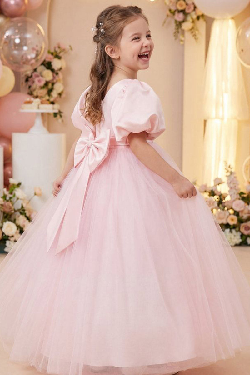 Girls Pink Satin Tulle Gown for Weddings with Puff Sleeves & Back Bow Accent