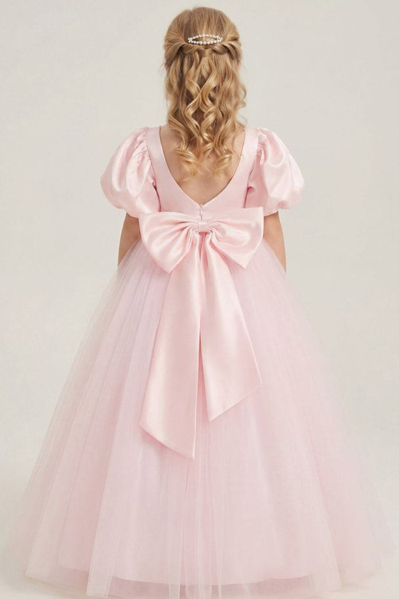 Girls Pink Satin Tulle Gown for Weddings with Puff Sleeves & Back Bow Accent