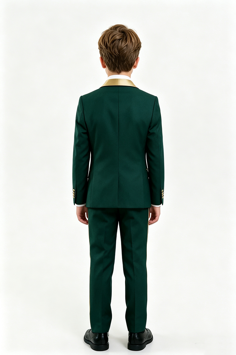 Boys Green Tuxedo with Gold Shawl Lapel Trim 3-Piece Suit for Weddings