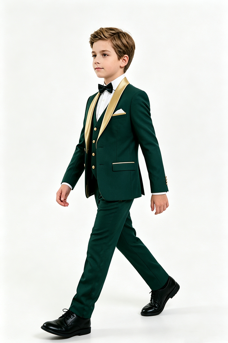 Boys Green Tuxedo with Gold Shawl Lapel Trim 3-Piece Suit for Weddings