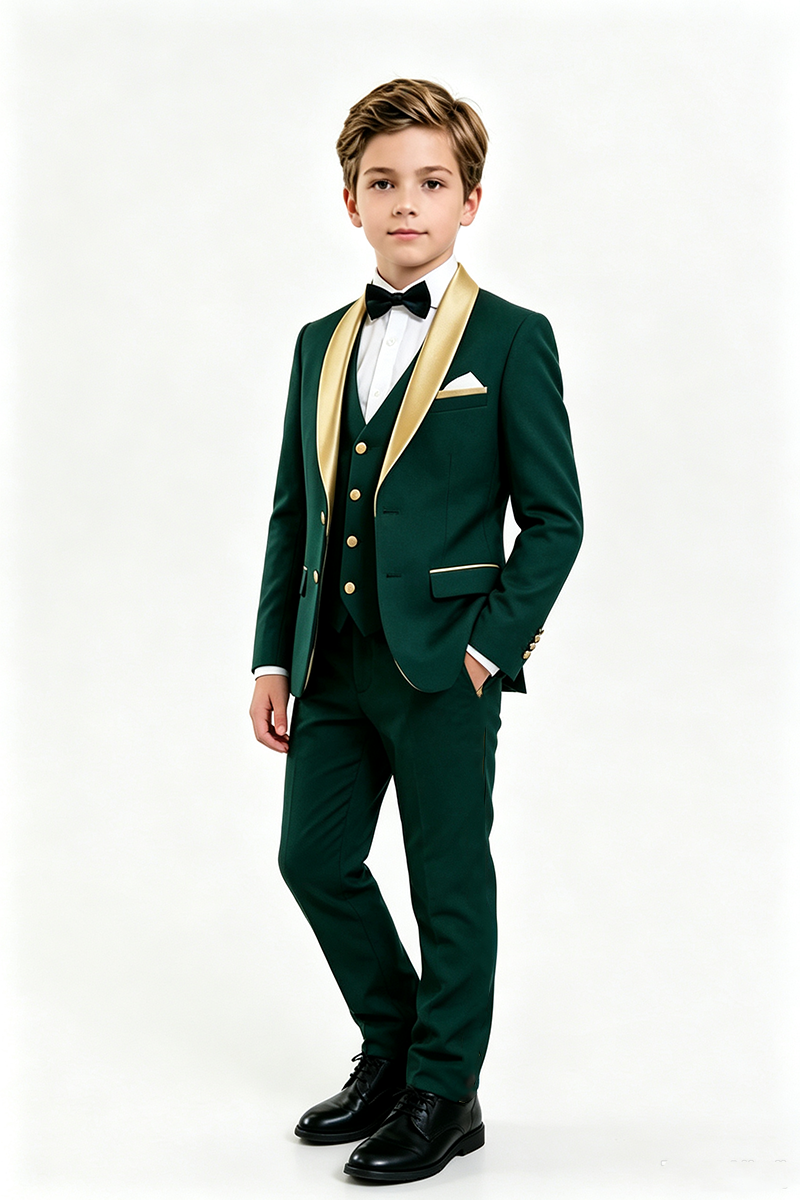 Boys Green Tuxedo with Gold Shawl Lapel Trim 3-Piece Suit for Weddings