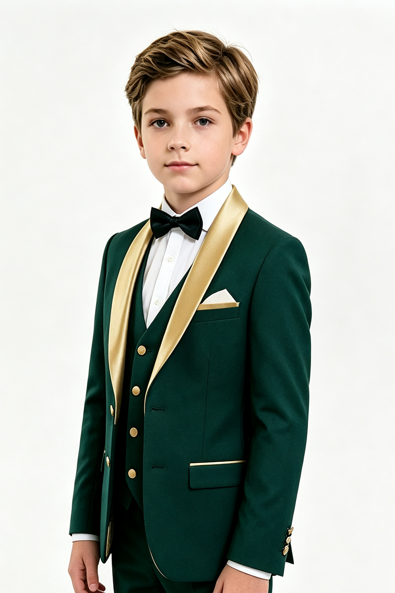 Boys Green Tuxedo with Gold Shawl Lapel Trim 3-Piece Suit for Weddings