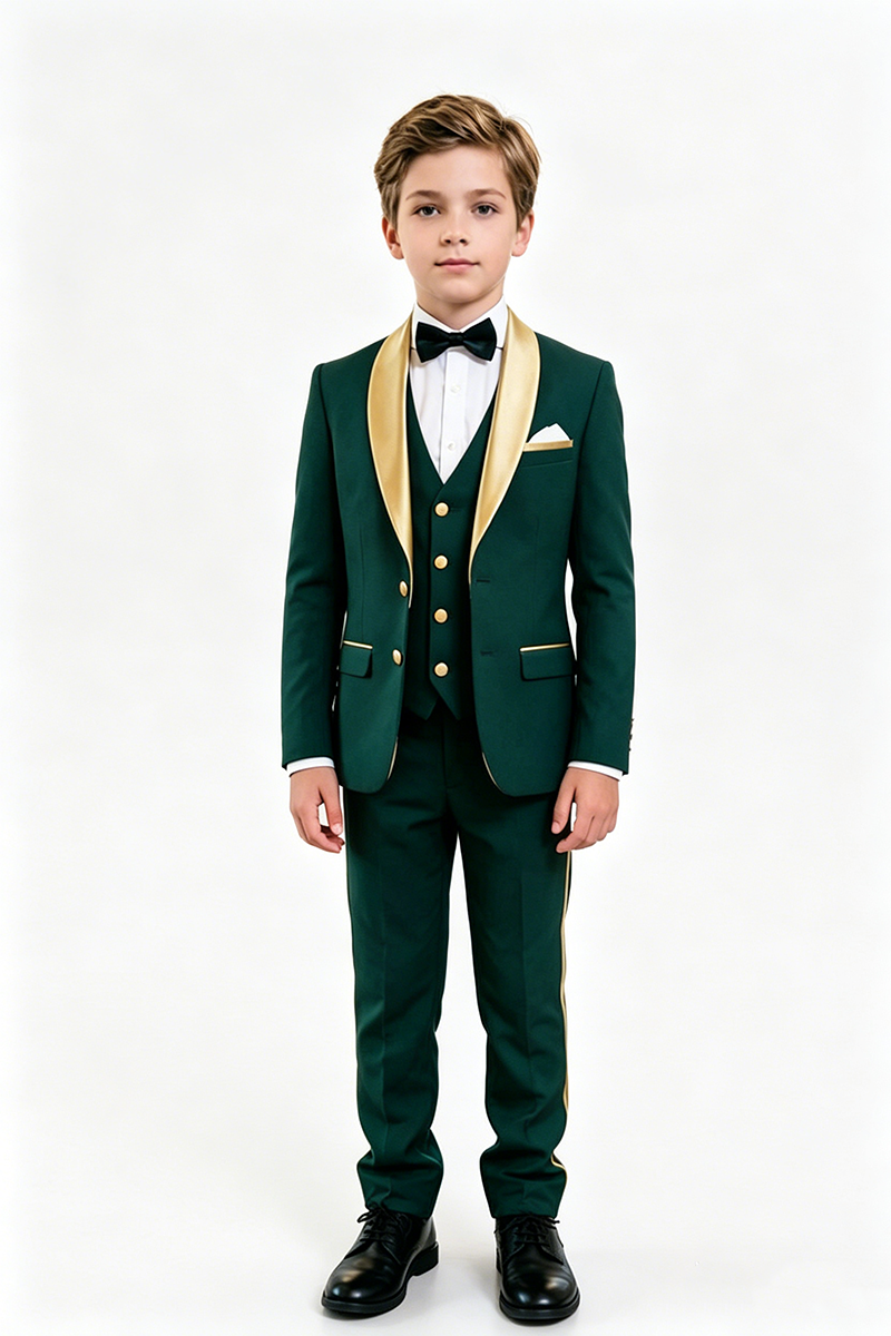 Boys Green Tuxedo with Gold Shawl Lapel Trim 3-Piece Suit for Weddings