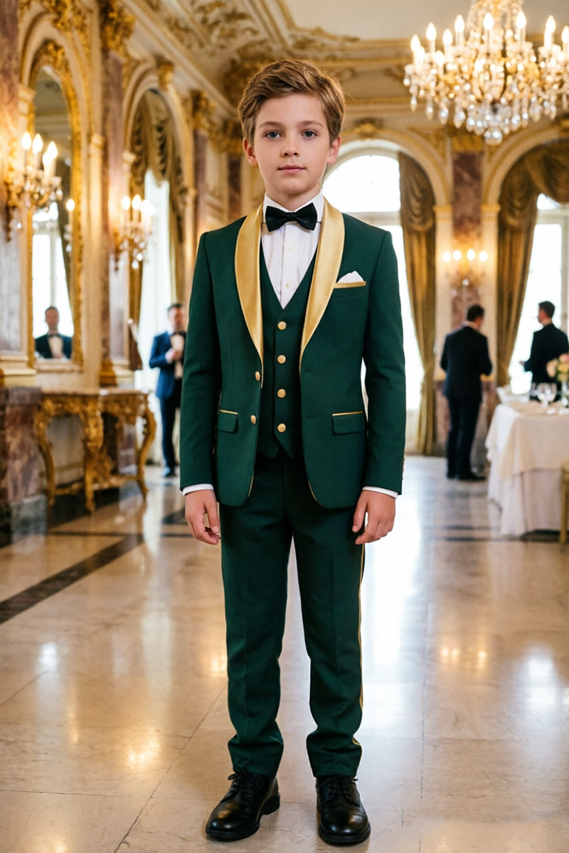 Boys Green Tuxedo with Gold Shawl Lapel Trim 3-Piece Suit for Weddings