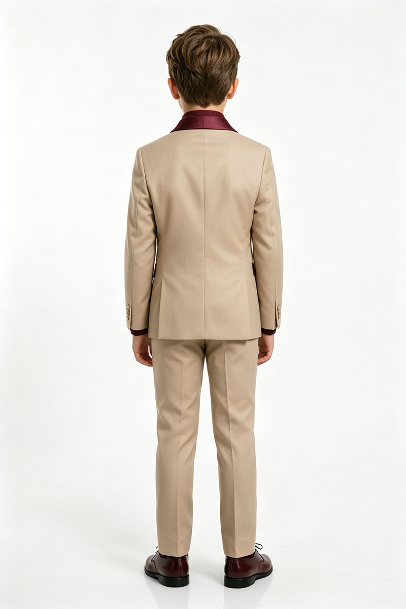 Boys Khaki Tuxedo 2-Piece Suit for Weddings with Burgundy Shawl Lapel Accents