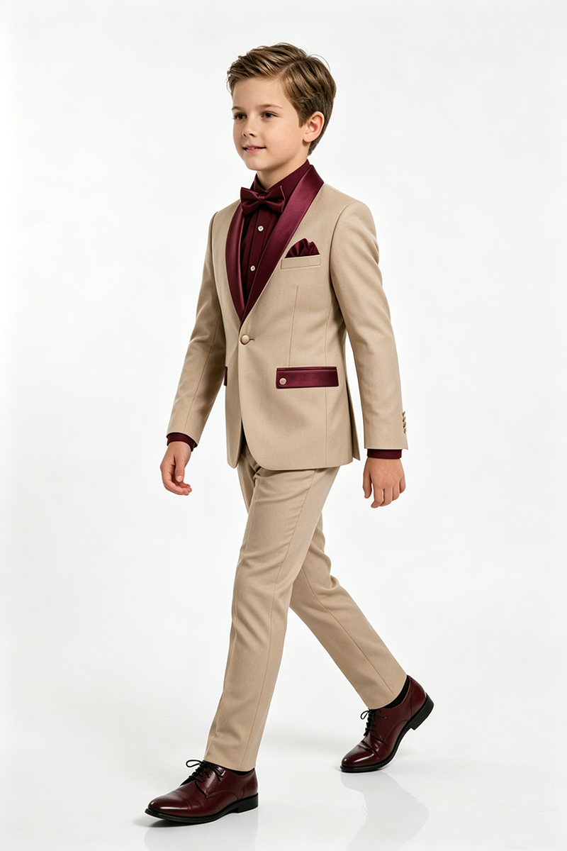 Boys Khaki Tuxedo 2-Piece Suit for Weddings with Burgundy Shawl Lapel Accents