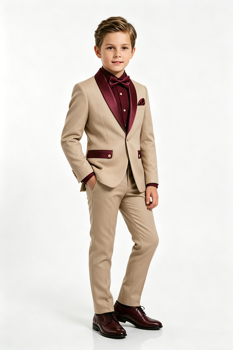 Boys Khaki Tuxedo 2-Piece Suit for Weddings with Burgundy Shawl Lapel Accents