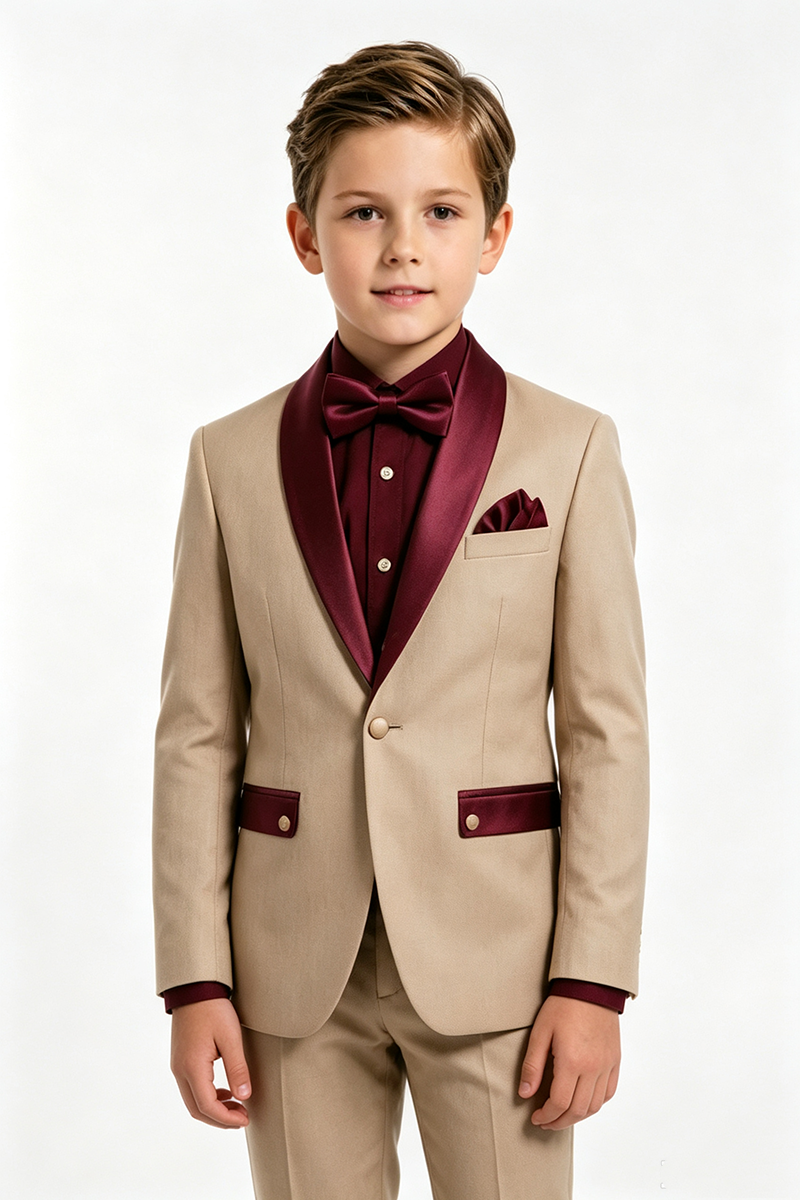 Boys Khaki Tuxedo 2-Piece Suit for Weddings with Burgundy Shawl Lapel Accents