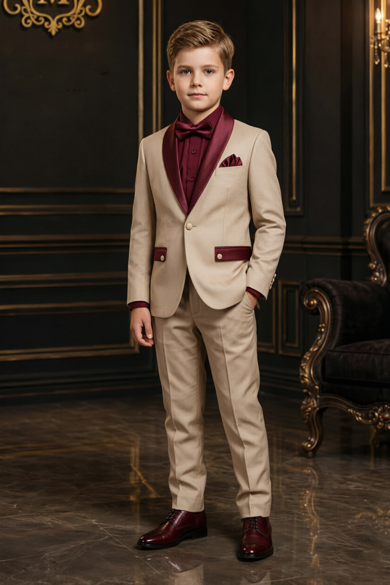 Boys Khaki Tuxedo 2-Piece Suit for Weddings with Burgundy Shawl Lapel Accents