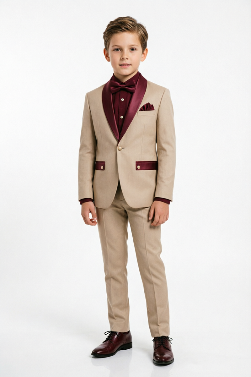 Boys Khaki Tuxedo 2-Piece Suit for Weddings with Burgundy Shawl Lapel Accents
