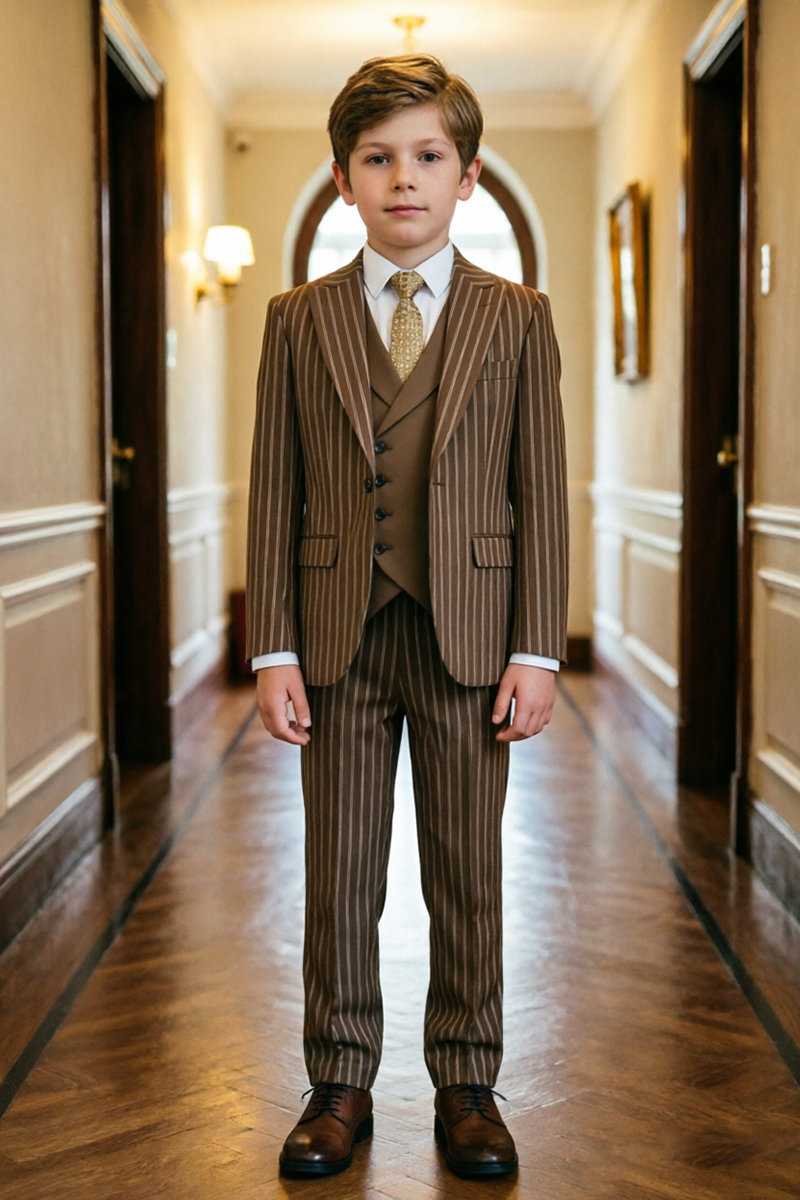 Boys Brown Pinstrip 3-Piece Suit for Weddings