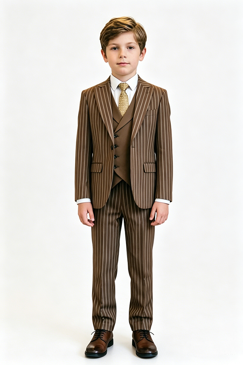 Boys Brown Pinstrip 3-Piece Suit for Weddings