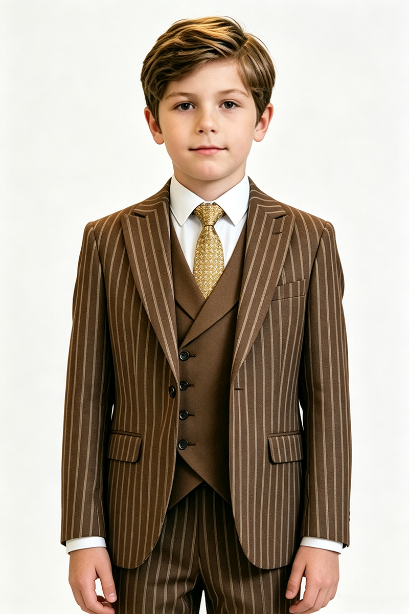 Boys Brown Pinstrip 3-Piece Suit for Weddings