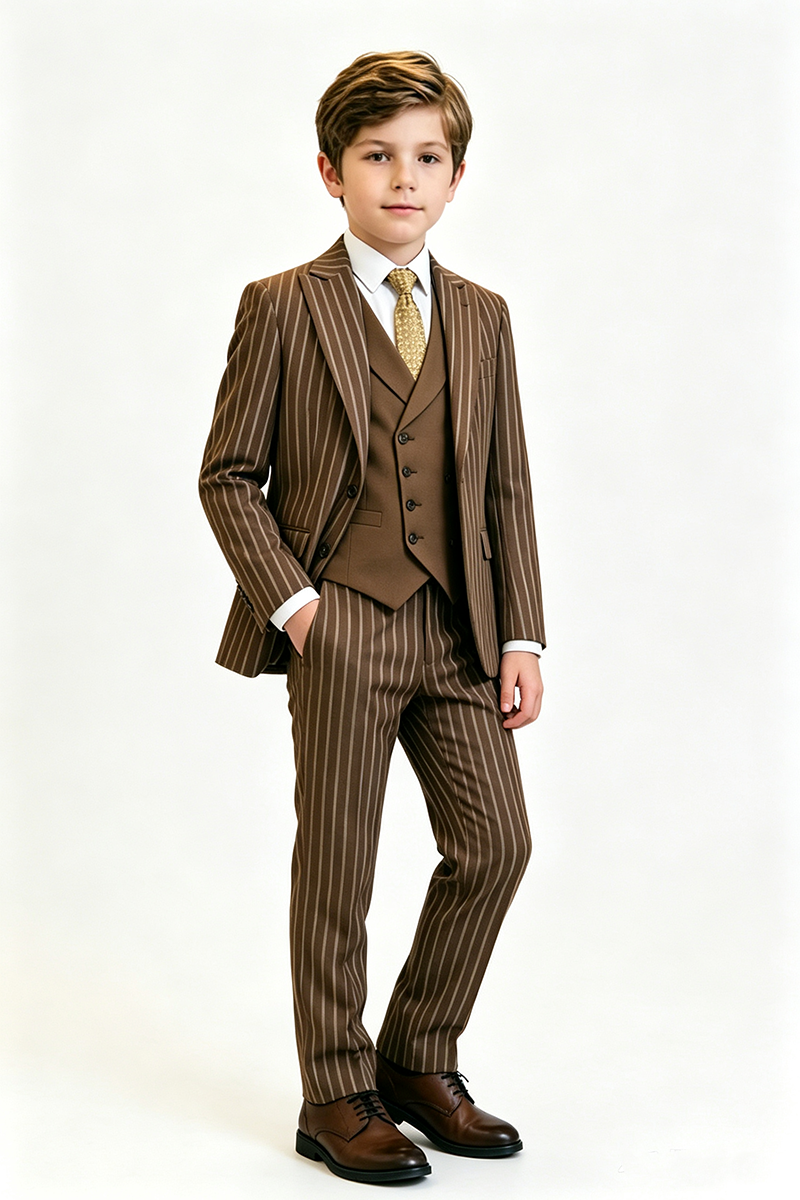 Boys Brown Pinstrip 3-Piece Suit for Weddings