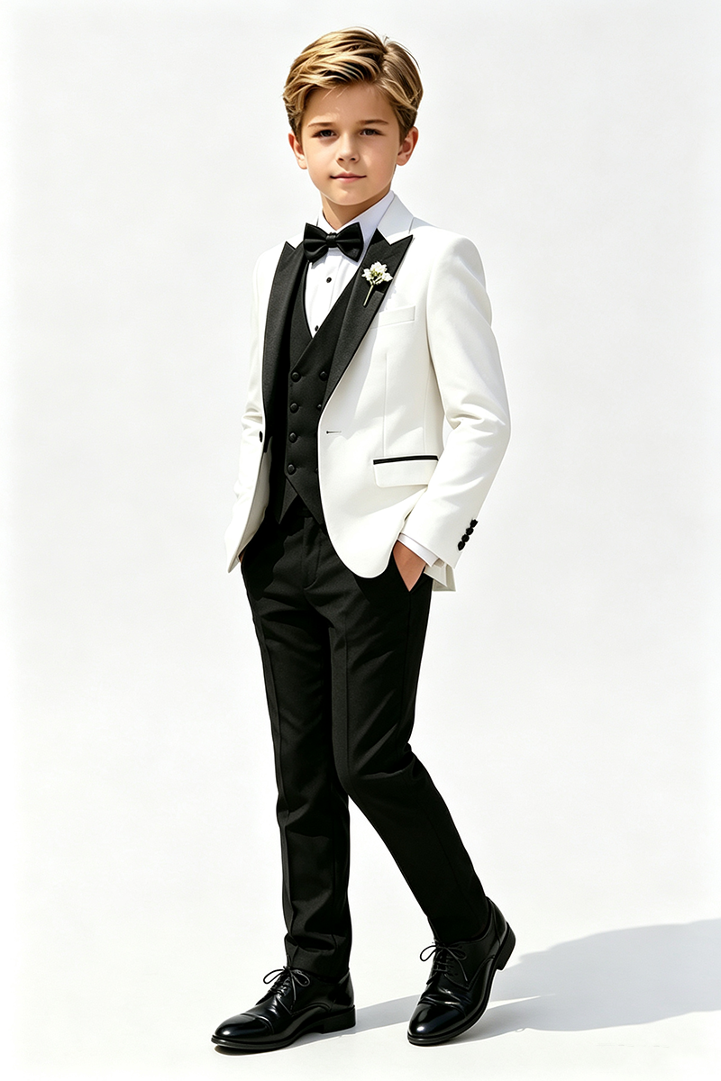 Boys White Tuxedo with Black Shawl Lapel 3-Piece Suit for Weddings
