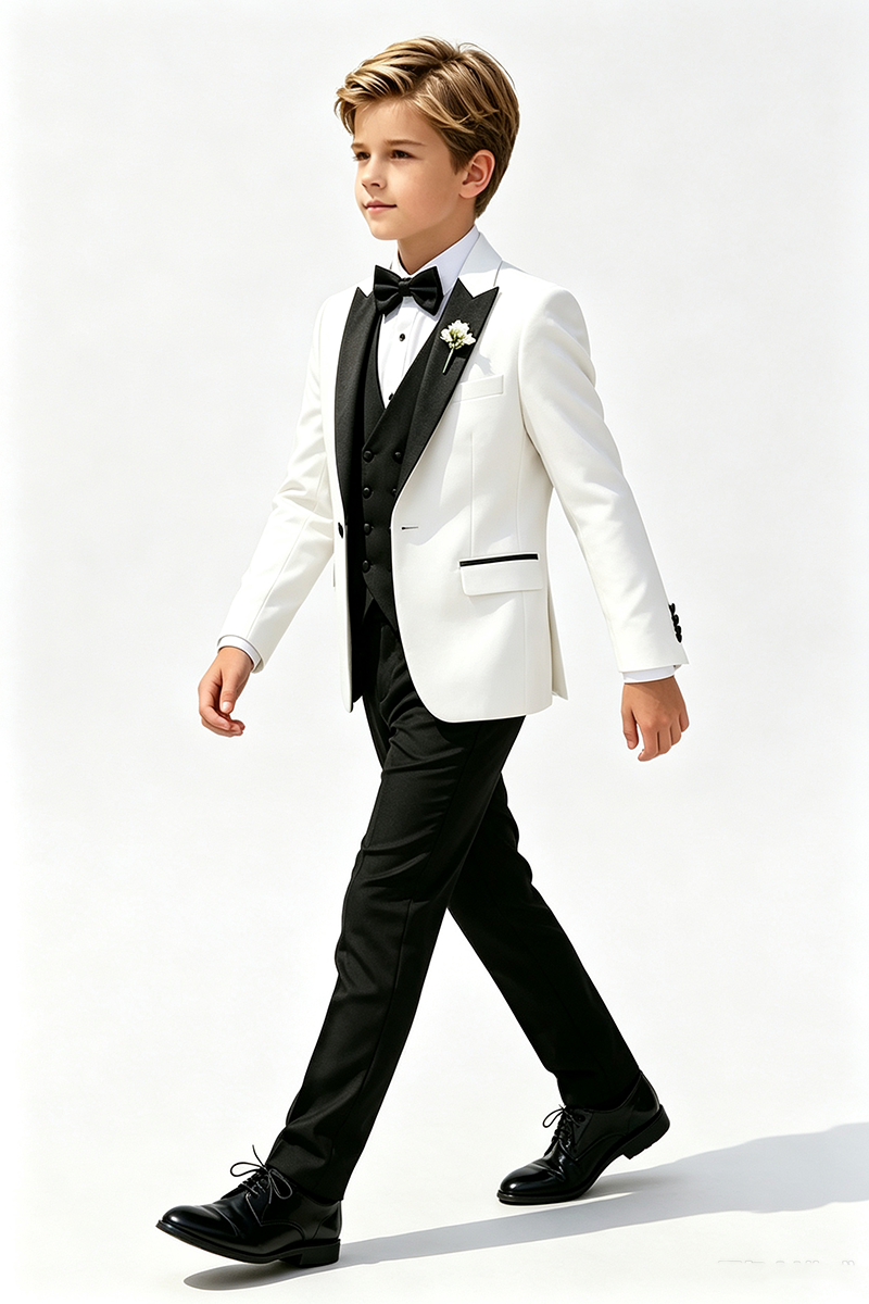 Boys White Tuxedo with Black Shawl Lapel 3-Piece Suit for Weddings