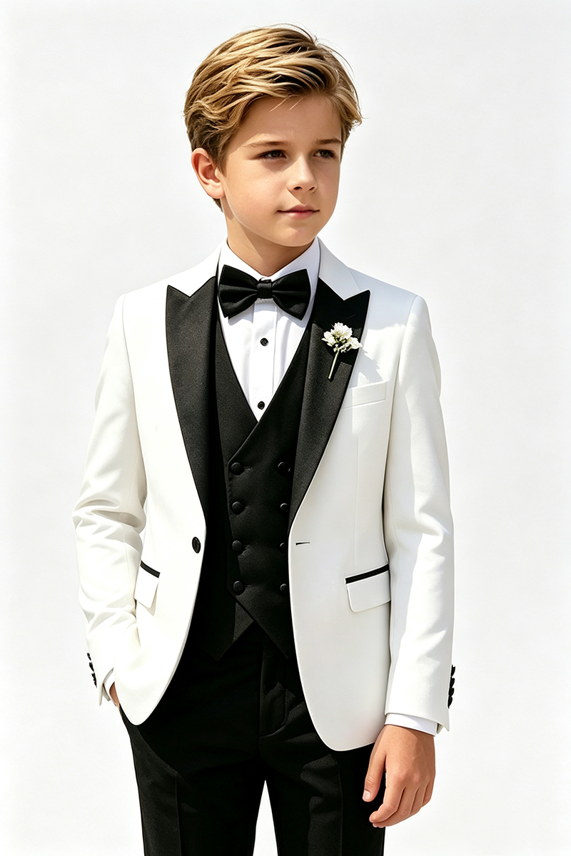 Boys White Tuxedo with Black Shawl Lapel 3-Piece Suit for Weddings