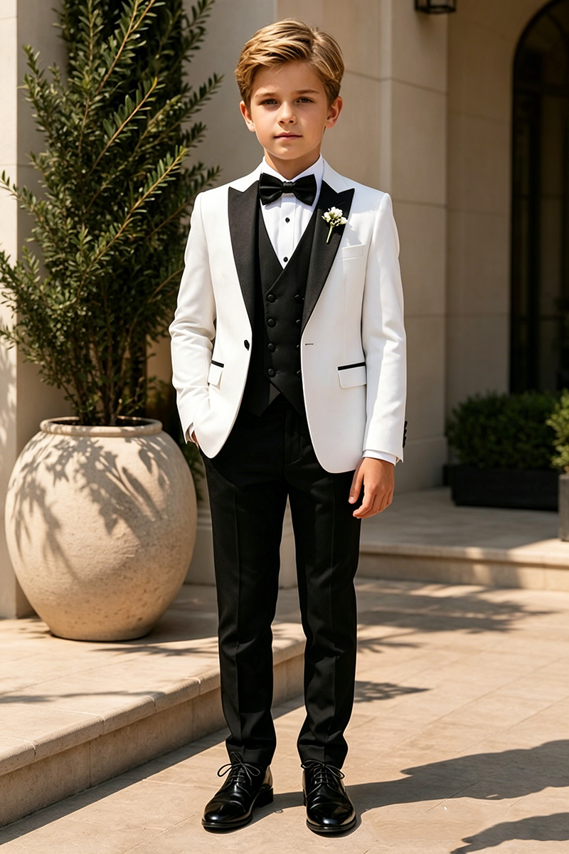 Boys White Tuxedo with Black Shawl Lapel 3-Piece Suit for Weddings