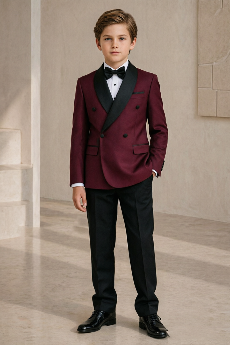 Boys Burgundy with Black Shawl Lapel 2-Piece Suit for Weddings