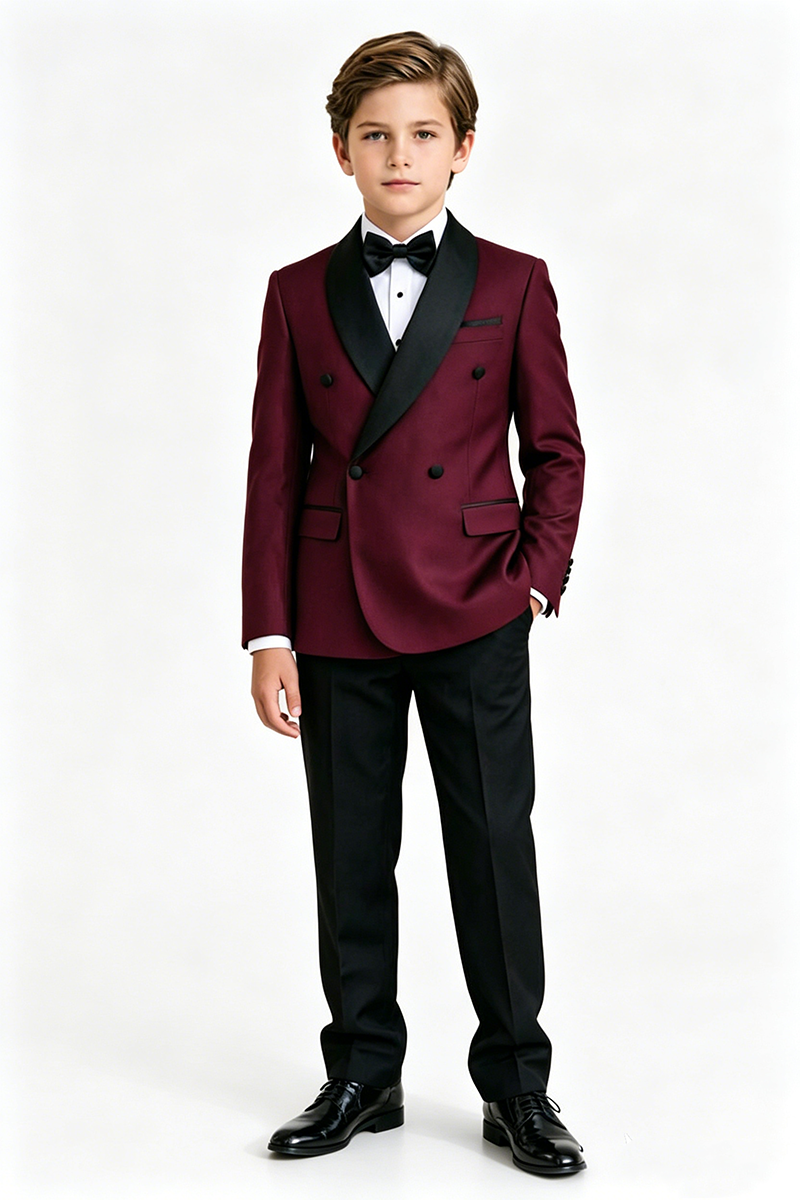 Boys Burgundy with Black Shawl Lapel 2-Piece Suit for Weddings