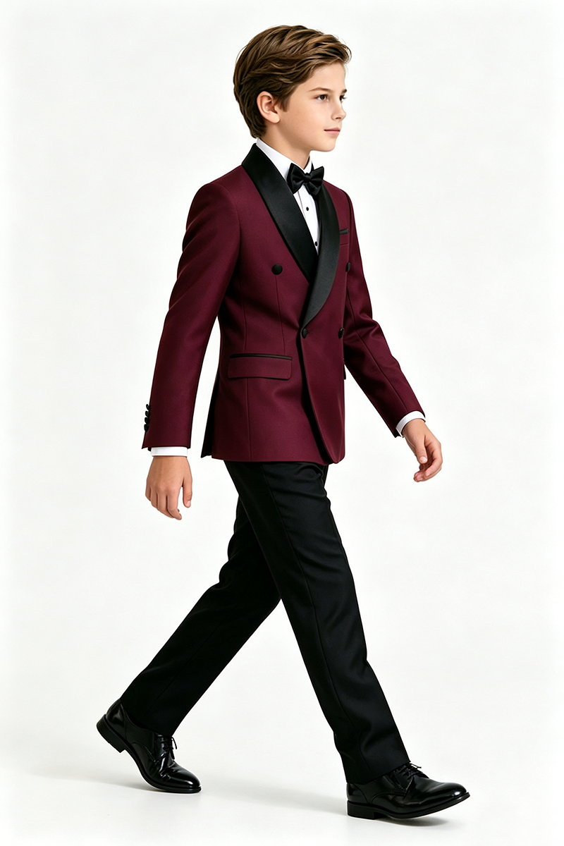 Boys Burgundy with Black Shawl Lapel 2-Piece Suit for Weddings
