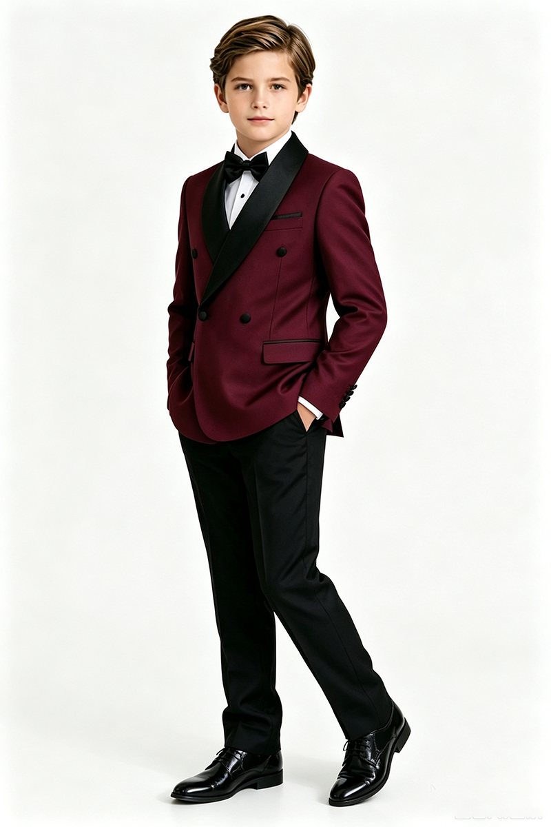 Boys Burgundy with Black Shawl Lapel 2-Piece Suit for Weddings