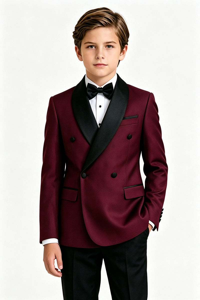 Boys Burgundy with Black Shawl Lapel 2-Piece Suit for Weddings