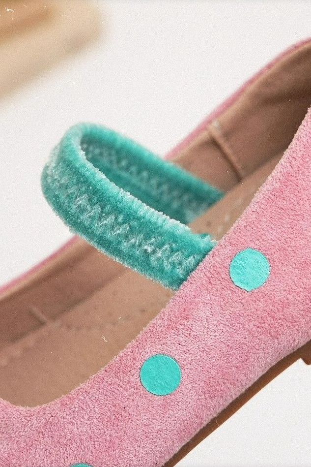 Pink Polka‑Dot Cute Contrast Elastic Velvet Strap Formal Dress Shoes