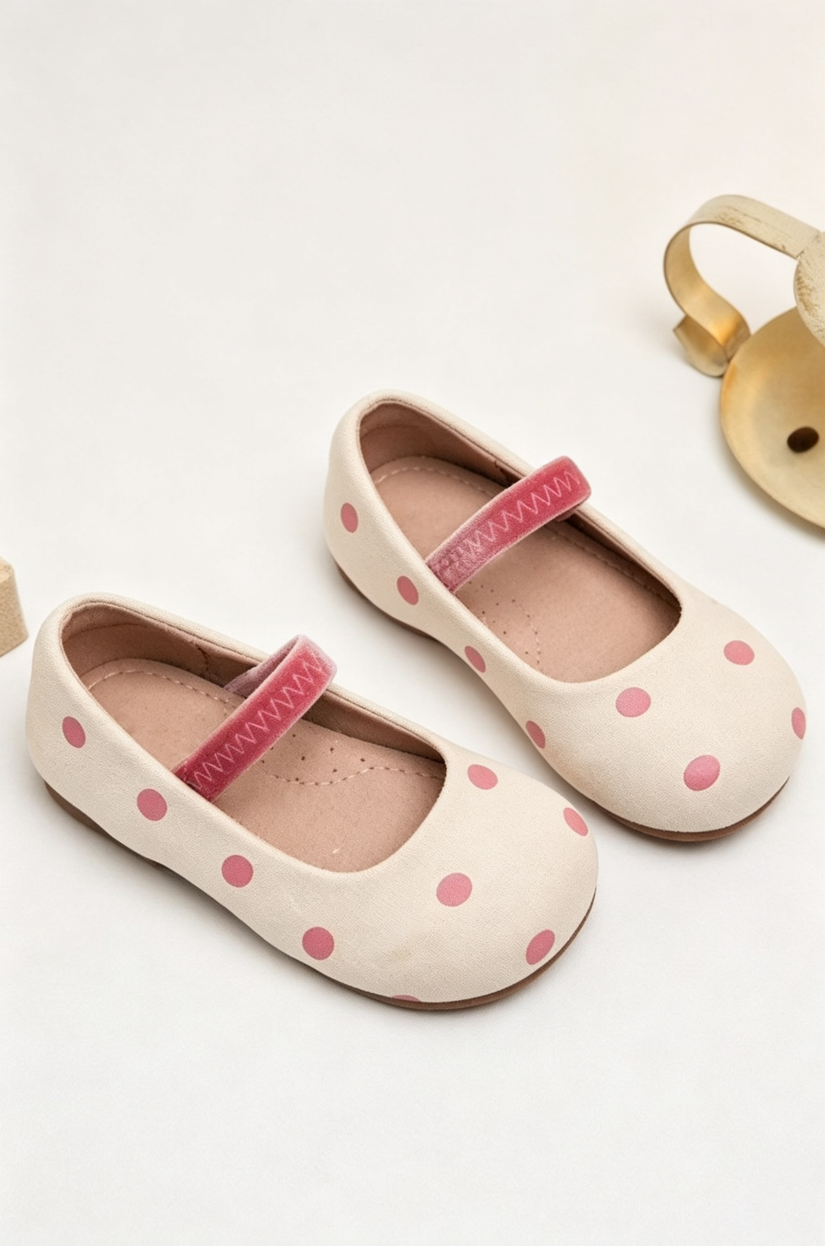 Pink Polka‑Dot Cute Contrast Elastic Velvet Strap Formal Dress Shoes