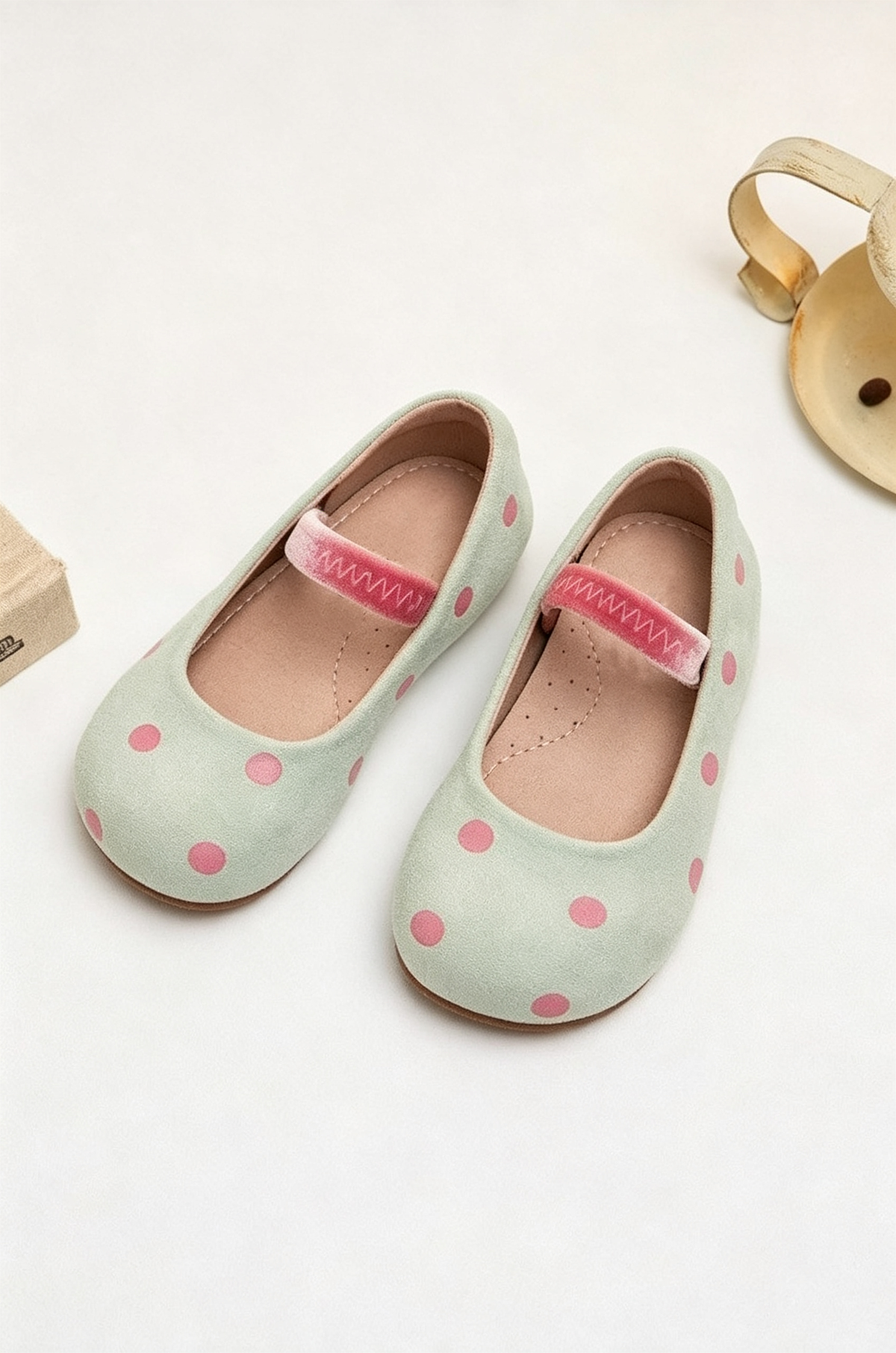 Pink Polka‑Dot Cute Contrast Elastic Velvet Strap Formal Dress Shoes