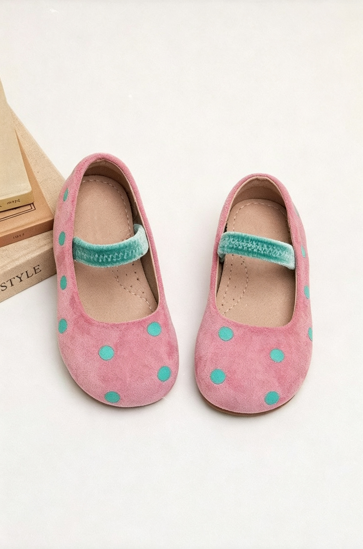 Pink Polka‑Dot Cute Contrast Elastic Velvet Strap Formal Dress Shoes