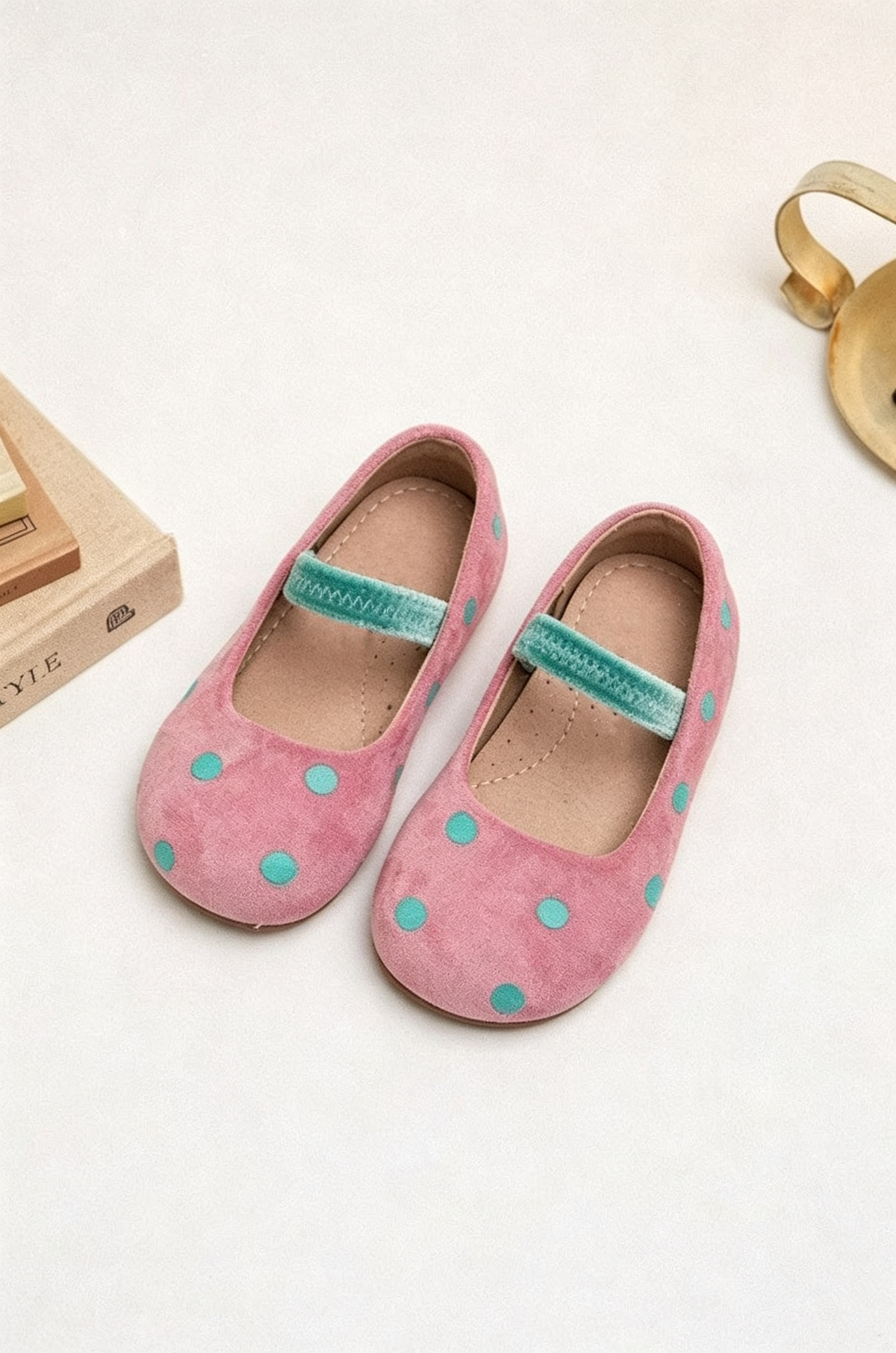 Pink Polka‑Dot Cute Contrast Elastic Velvet Strap Formal Dress Shoes