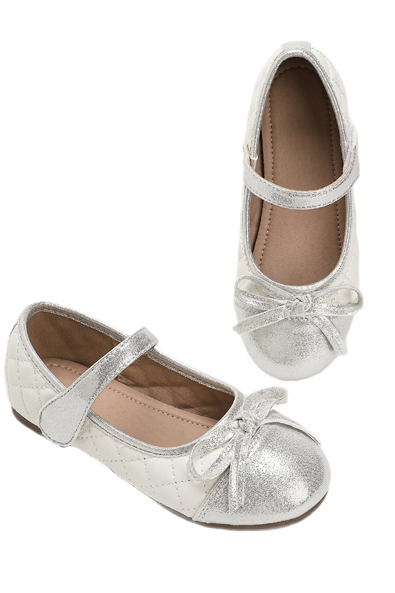 Silver Quilted Bow PU Leather Hook‑and‑Loop Mary Jane Flats