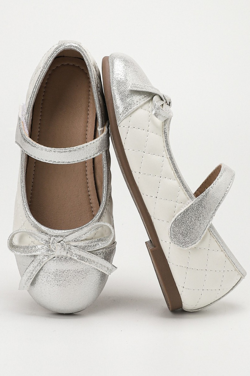 Silver Quilted Bow PU Leather Hook‑and‑Loop Mary Jane Flats