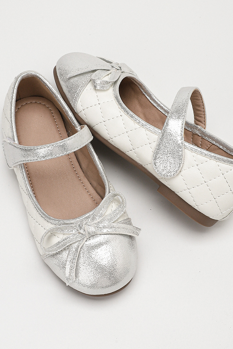 Silver Quilted Bow PU Leather Hook‑and‑Loop Mary Jane Flats