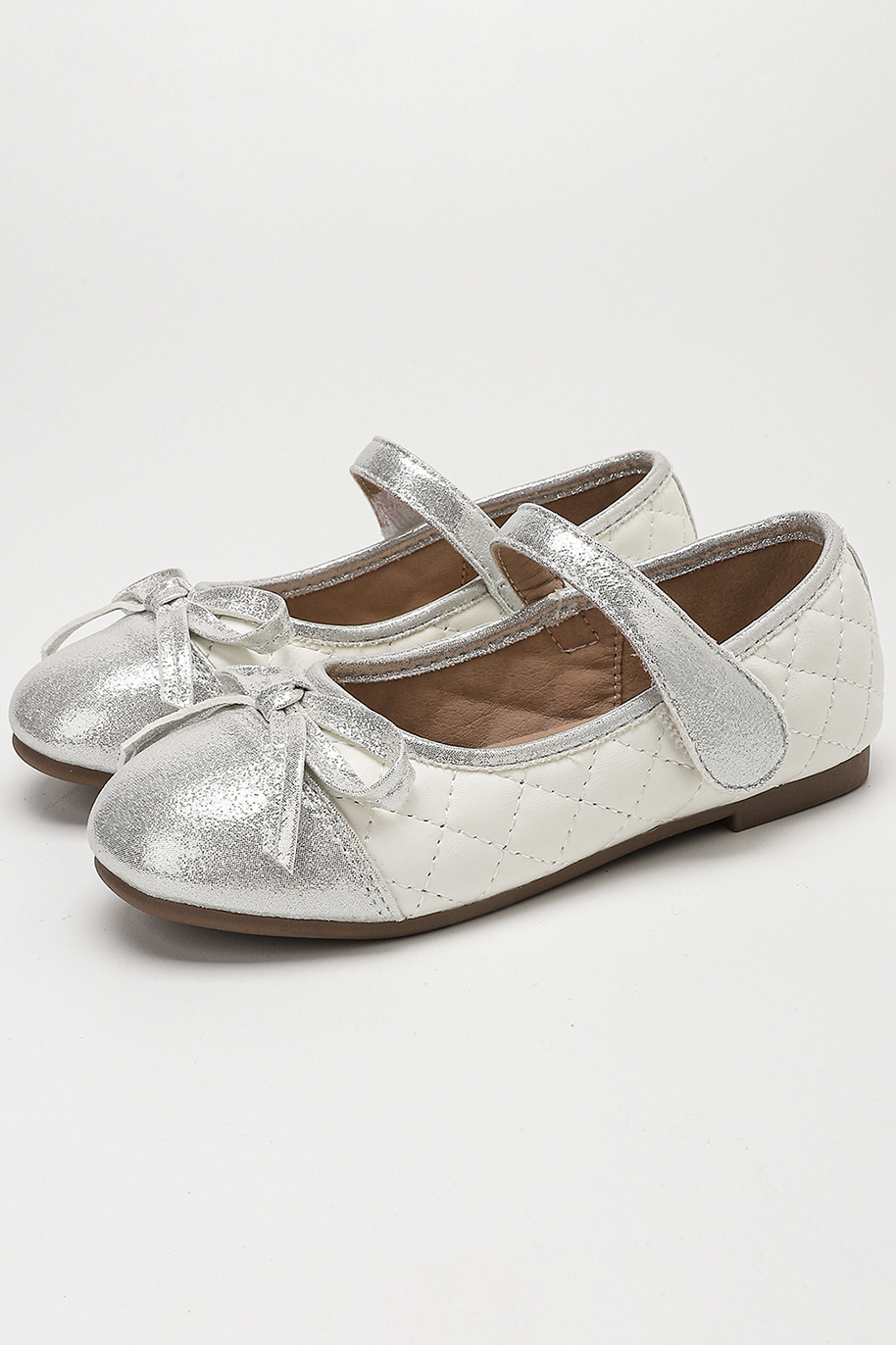 Silver Quilted Bow PU Leather Hook‑and‑Loop Mary Jane Flats