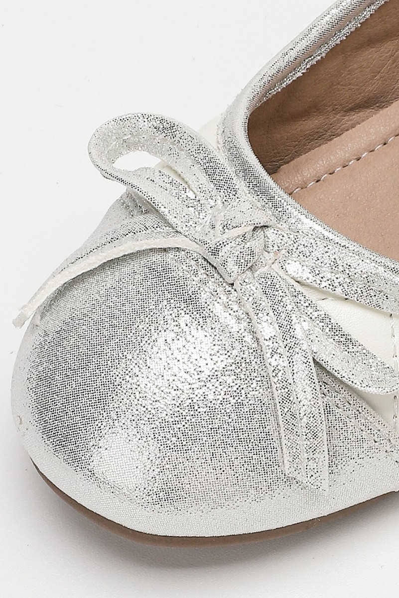 Silver Quilted Bow PU Leather Hook‑and‑Loop Mary Jane Flats