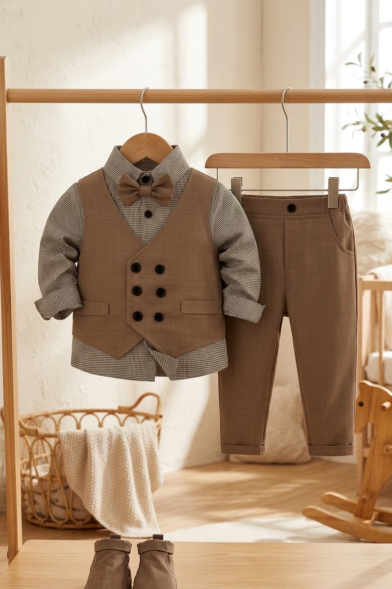Brown Cotton‑Linen Blend V‑Neck Double‑Breasted Waistcoat 2‑Piece Suit Set