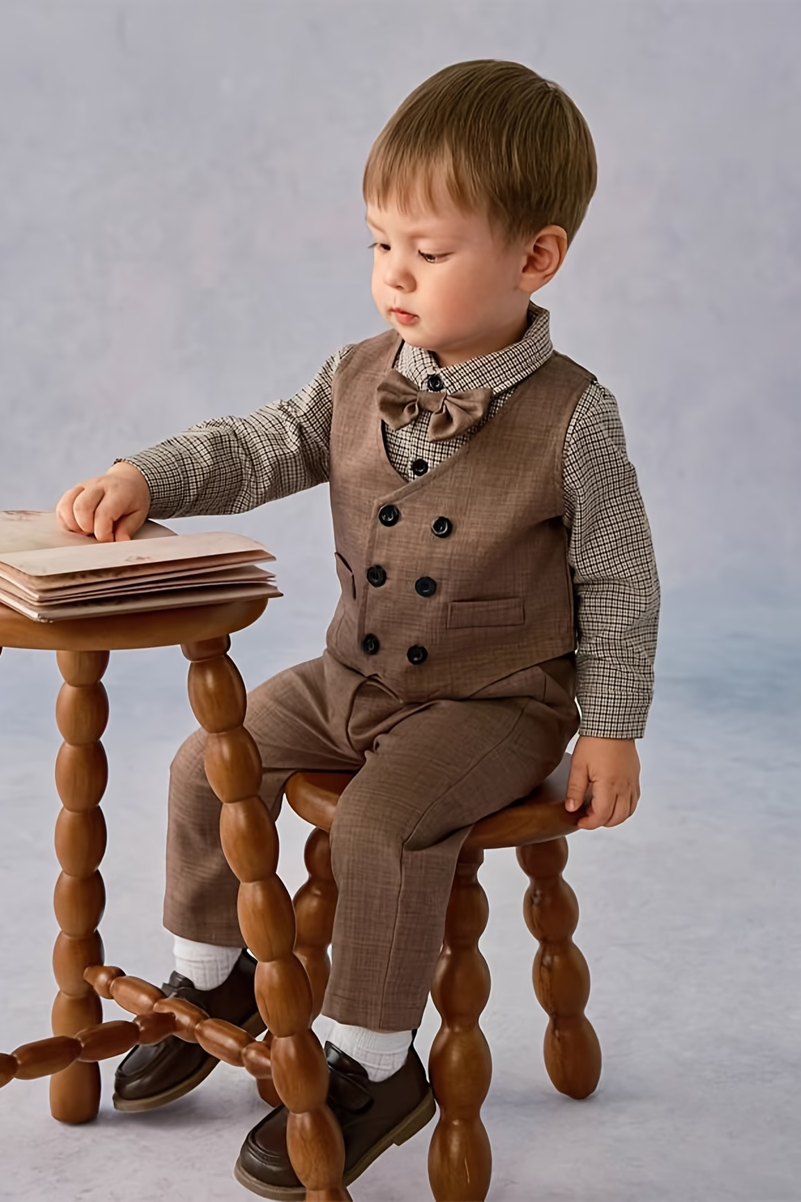 Brown Cotton‑Linen Blend V‑Neck Double‑Breasted Waistcoat 2‑Piece Suit Set