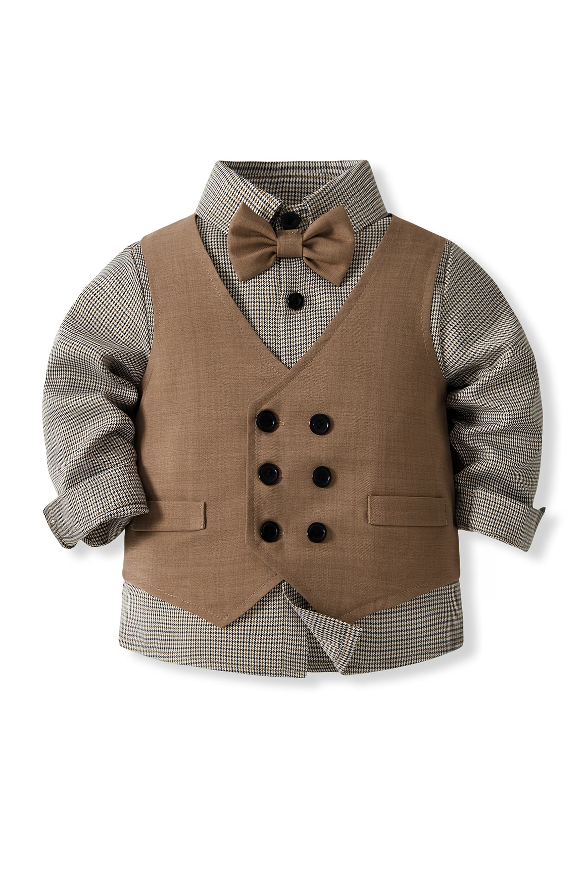 Brown Cotton‑Linen Blend V‑Neck Double‑Breasted Waistcoat 2‑Piece Suit Set