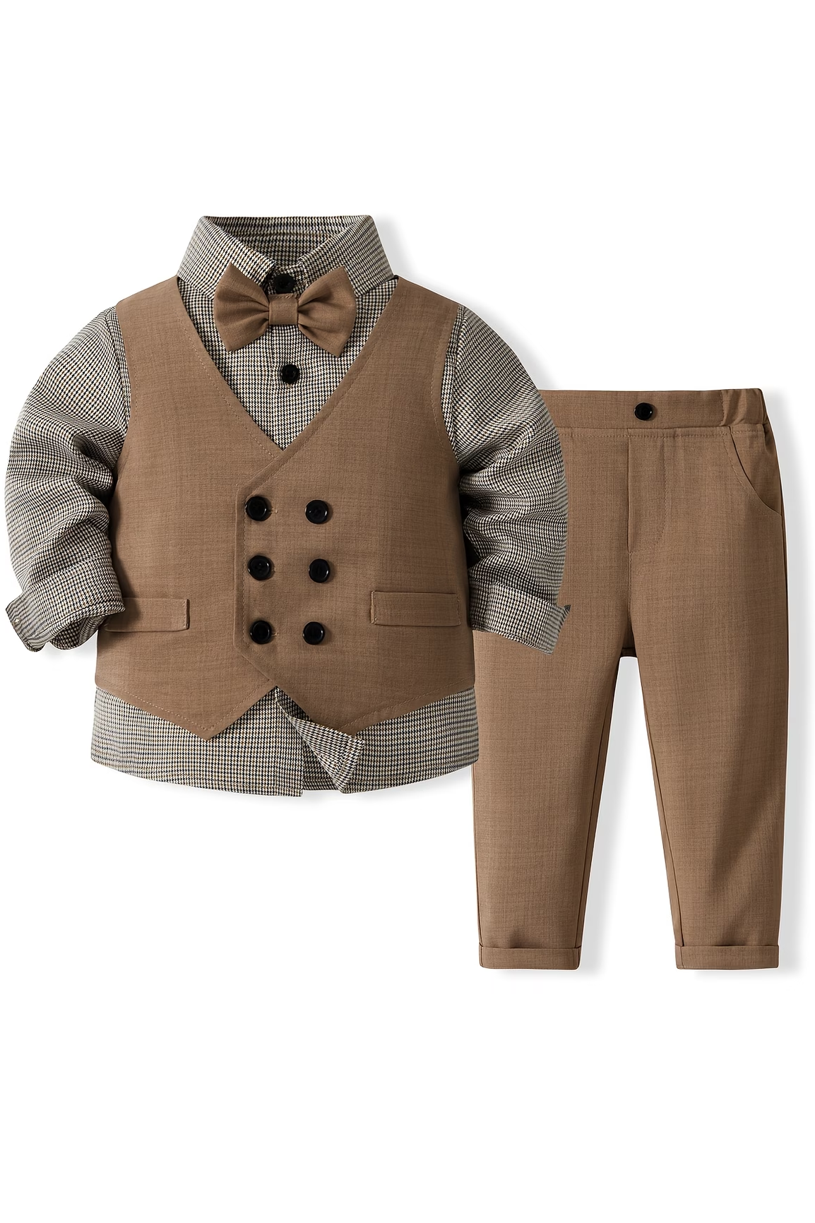 Brown Cotton‑Linen Blend V‑Neck Double‑Breasted Waistcoat 2‑Piece Suit Set