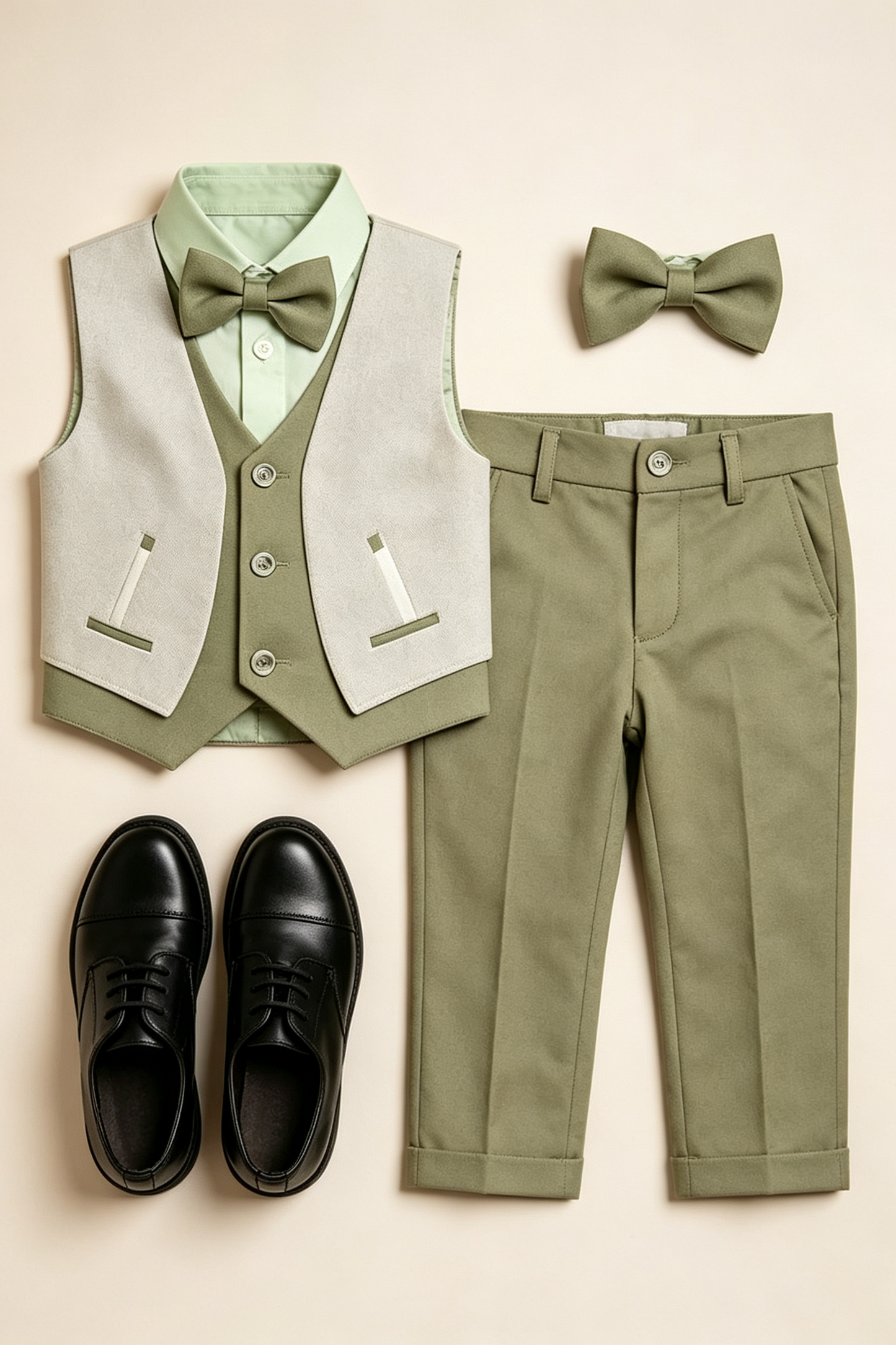 Green Faux‑Layer V‑Neck Single‑Breasted Waistcoat 2‑Piece Suit Set