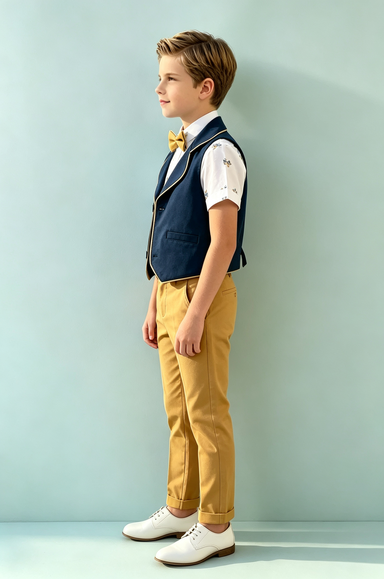 Navy‑Blue & Mustard‑Yellow Cotton‑Linen Blend Waistcoat 2‑Piece Suit Set