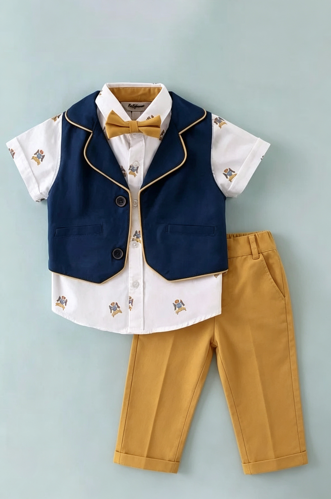 Navy‑Blue & Mustard‑Yellow Cotton‑Linen Blend Waistcoat 2‑Piece Suit Set