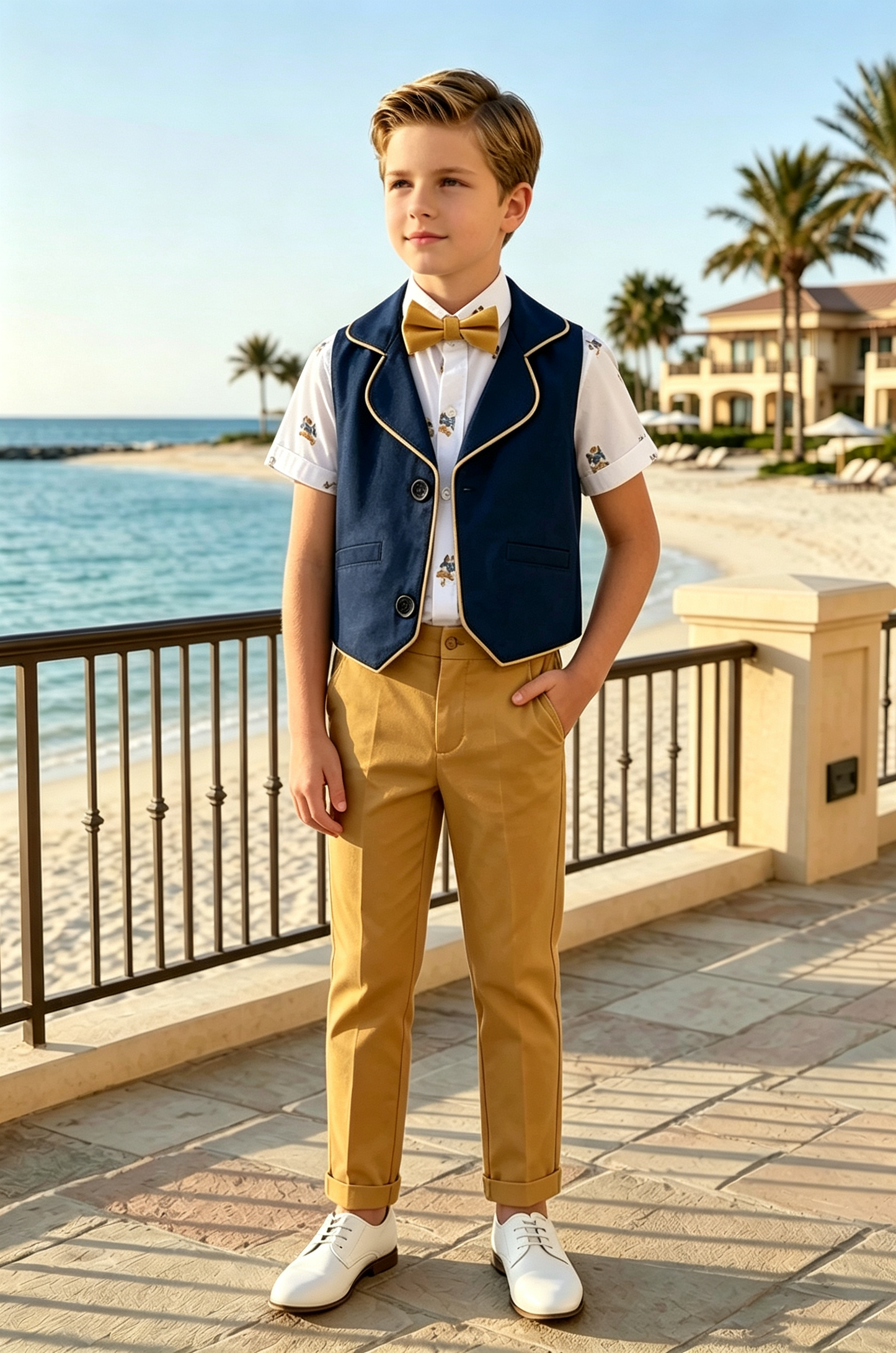 Navy‑Blue & Mustard‑Yellow Cotton‑Linen Blend Waistcoat 2‑Piece Suit Set