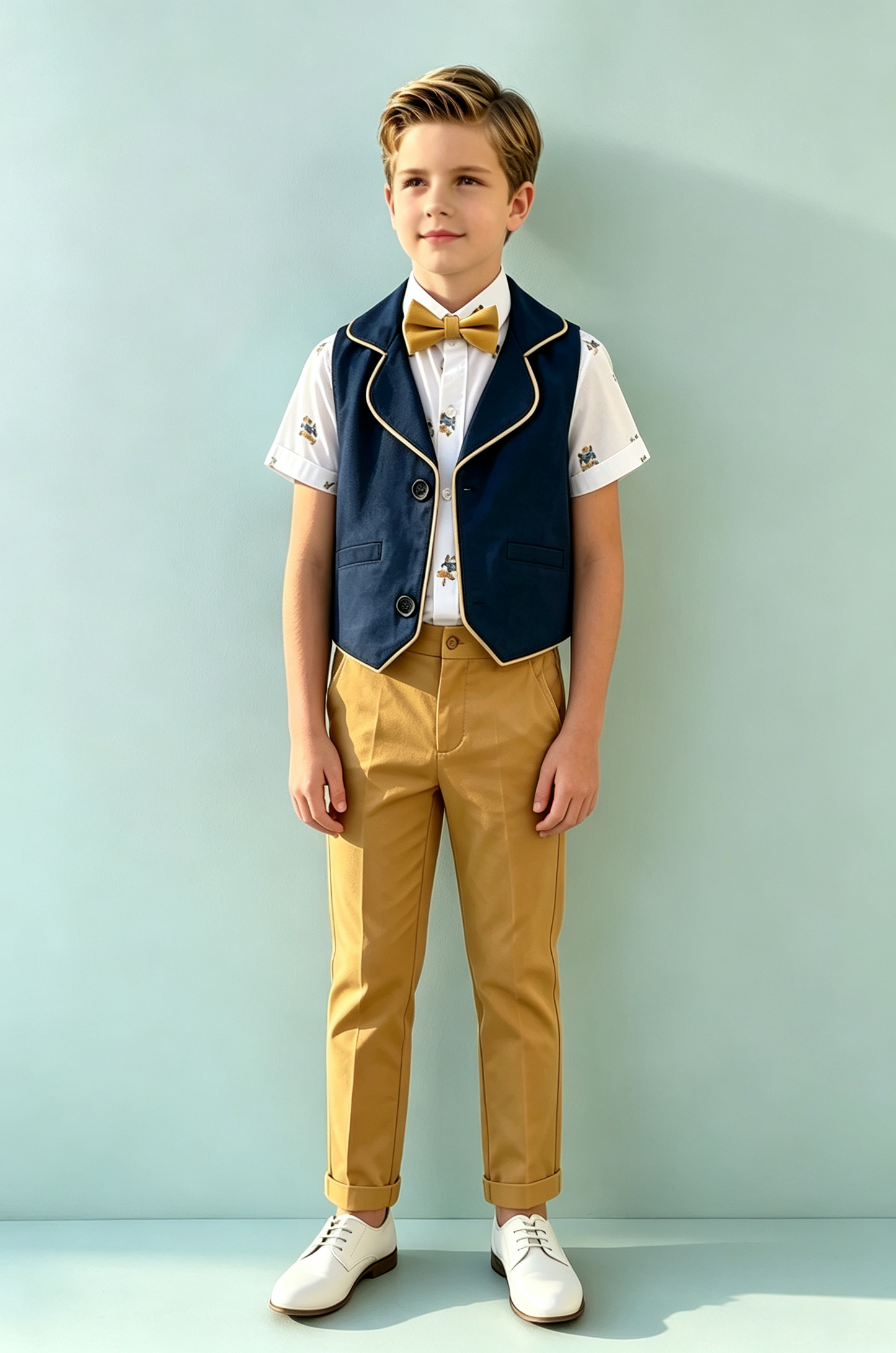 Navy‑Blue & Mustard‑Yellow Cotton‑Linen Blend Waistcoat 2‑Piece Suit Set