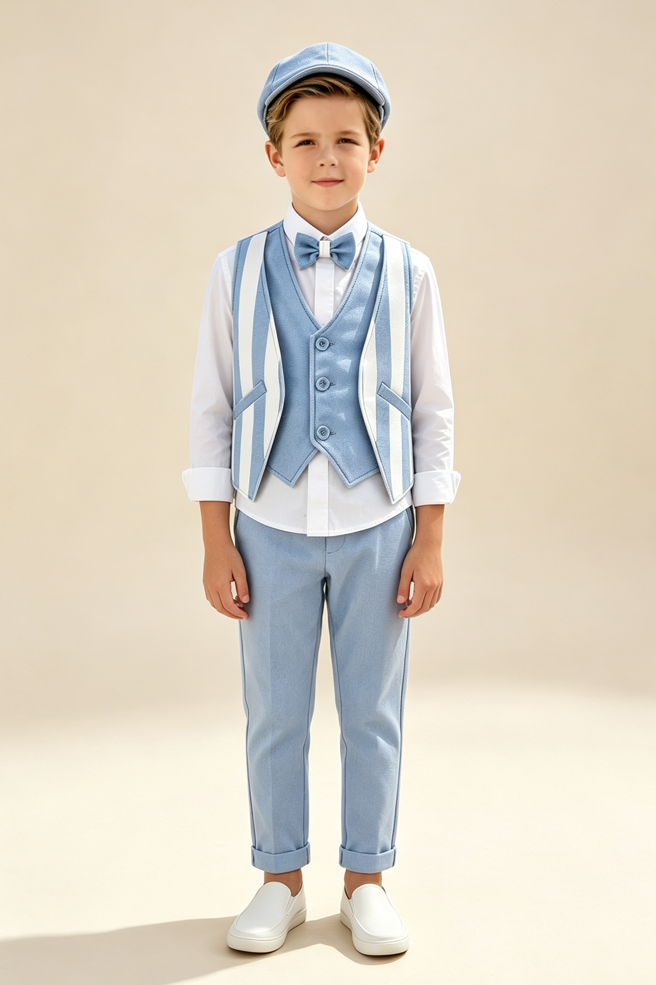 Sky‑Blue & White Contrast‑Stripe Faux‑Layer Single‑Breasted Waistcoat 2‑Piece Suit Set