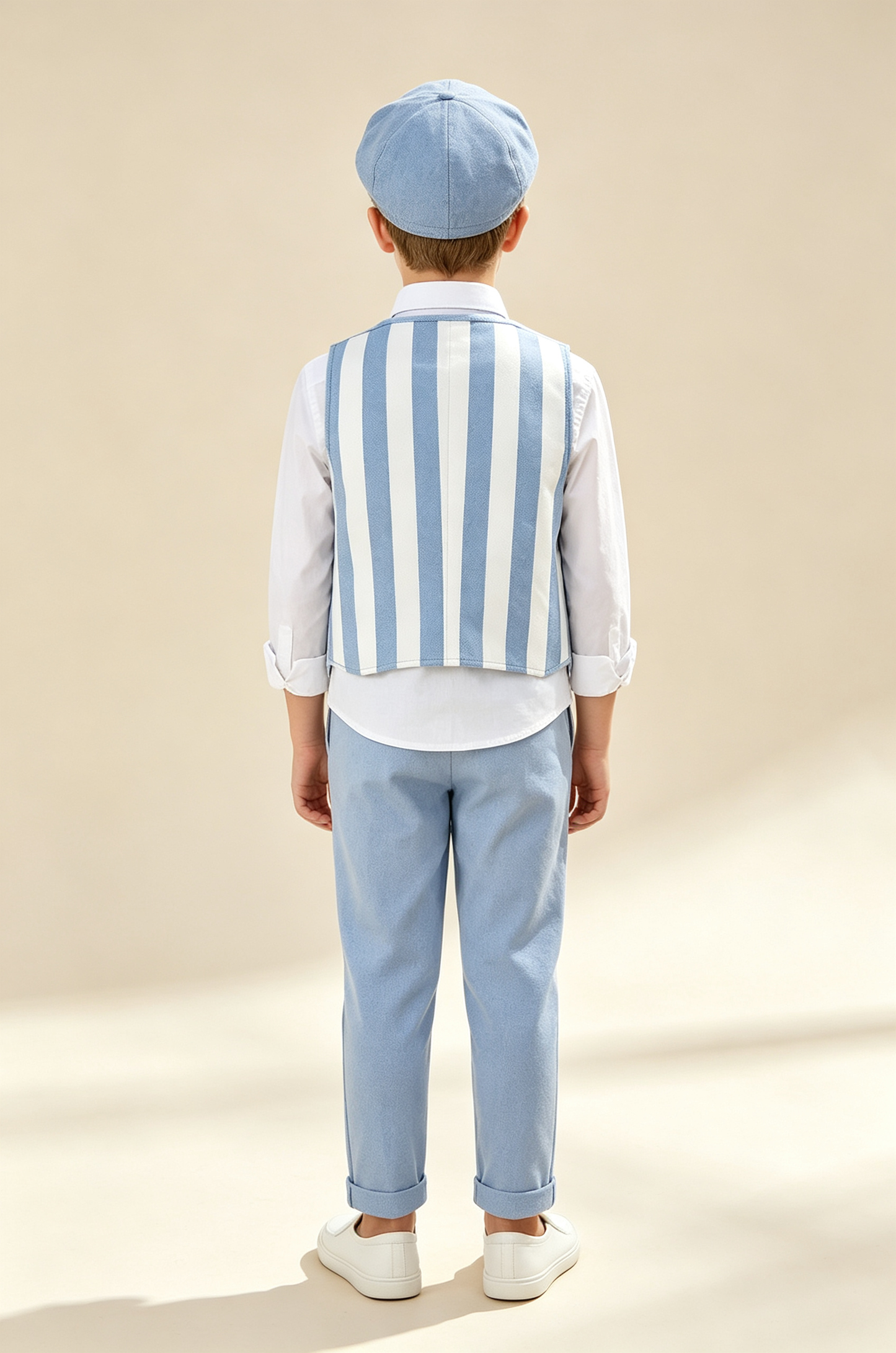 Sky‑Blue & White Contrast‑Stripe Faux‑Layer Single‑Breasted Waistcoat 2‑Piece Suit Set
