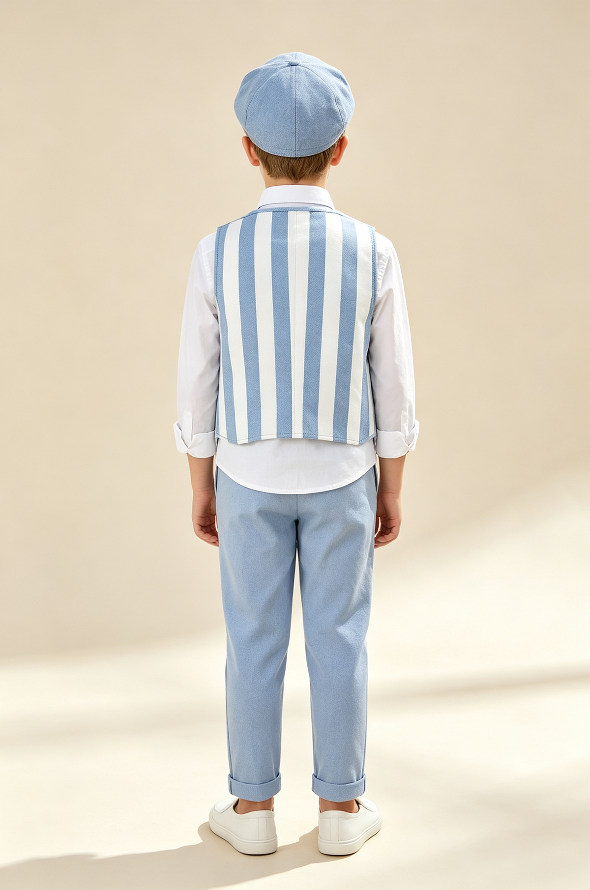 Sky‑Blue & White Contrast‑Stripe Faux‑Layer Single‑Breasted Waistcoat 2‑Piece Suit Set