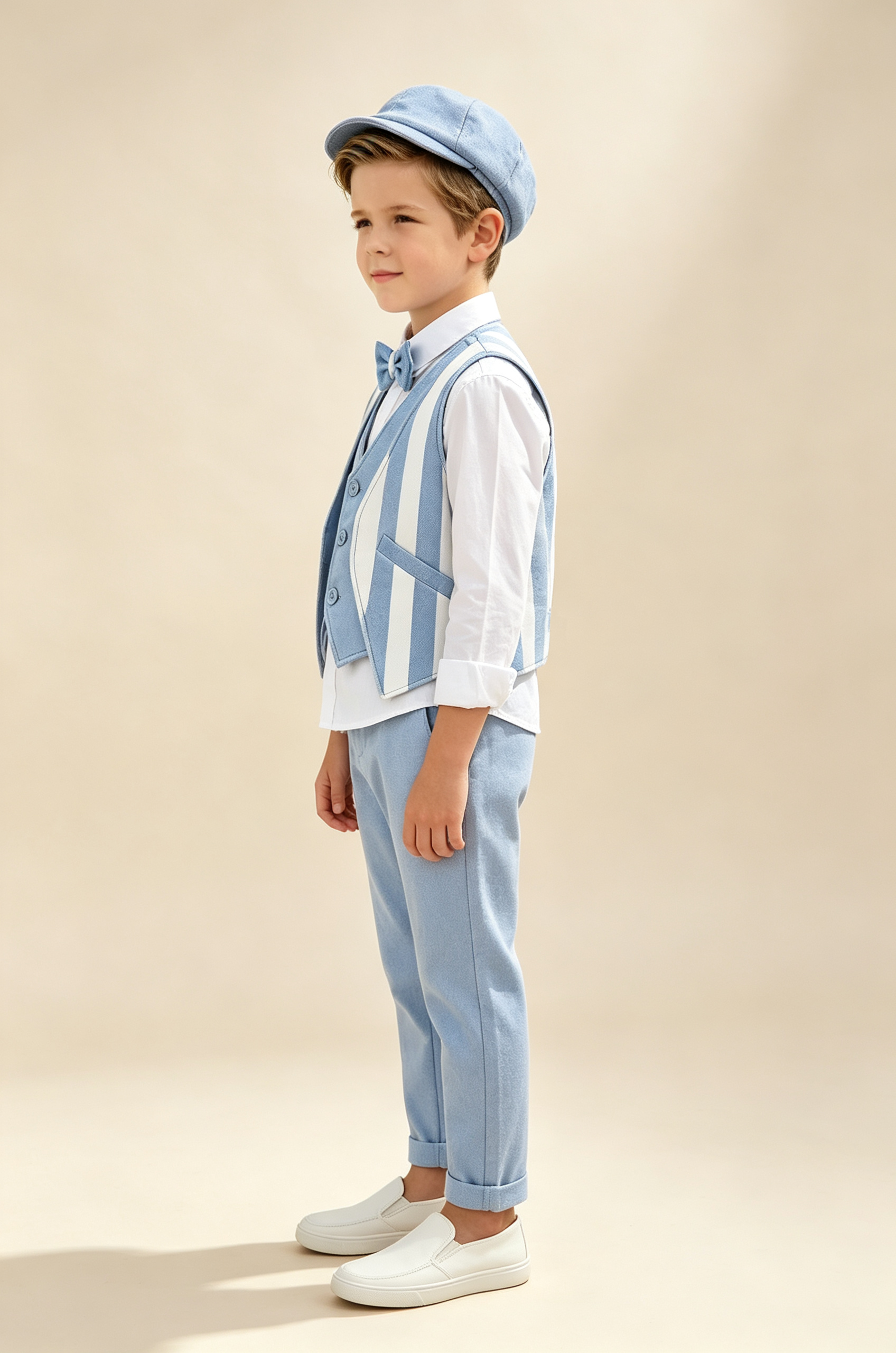 Sky‑Blue & White Contrast‑Stripe Faux‑Layer Single‑Breasted Waistcoat 2‑Piece Suit Set